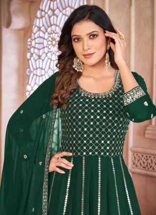 Faux Georgette Embroidered Anarkali Salwar Suit in Green