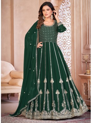 Faux Georgette Embroidered Anarkali Salwar Suit in Green
