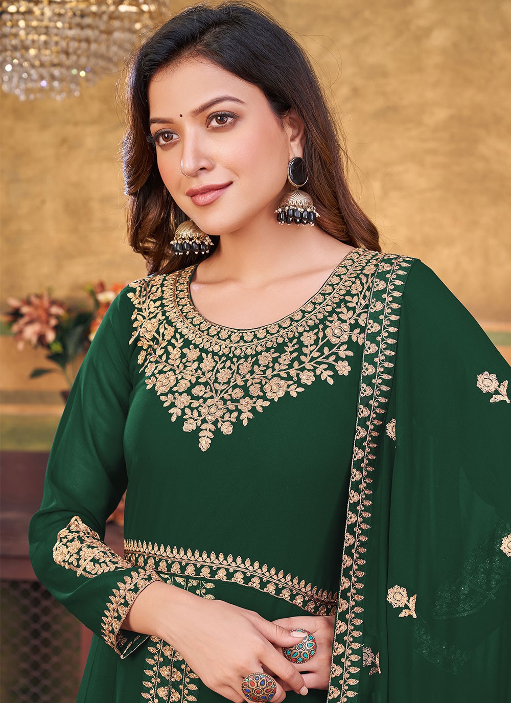 Buy Online Faux Georgette Embroidered Green Salwar Kameez : 251270