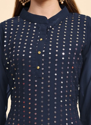 Faux Georgette Embroidered Navy Blue Salwar Suit