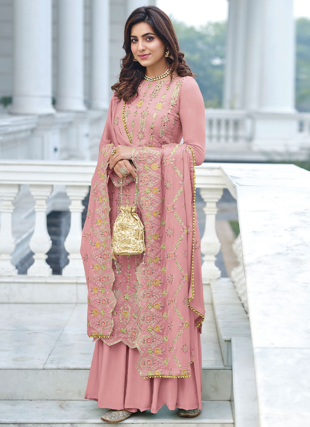 Faux Georgette Embroidered Pink Salwar Kameez