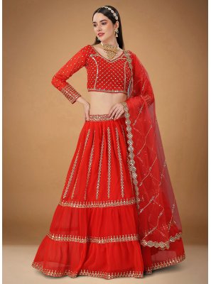 Faux Georgette Embroidered Red A Line Lehenga Choli
