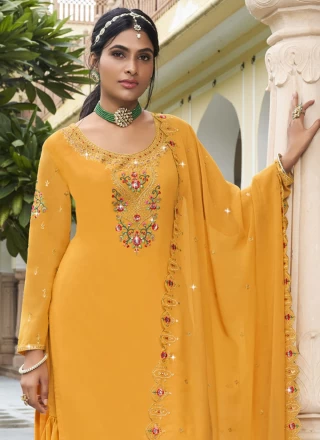 Faux Georgette Embroidered Yellow Designer Salwar Kameez