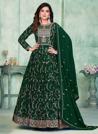 Faux Georgette Green Embroidered Anarkali Suit