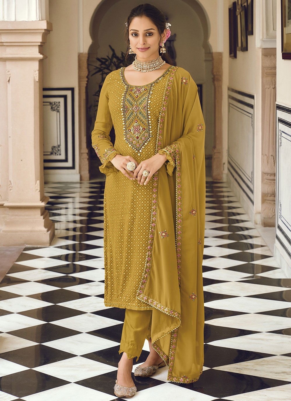 Faux Georgette Green Embroidered Salwar Suit