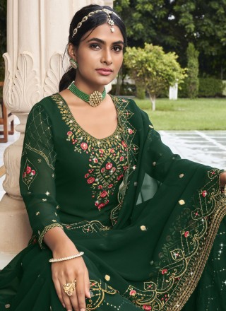 Faux Georgette Green Embroidered Straight Salwar Kameez