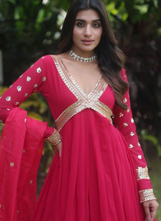 Faux Georgette Indian Gown In Rani