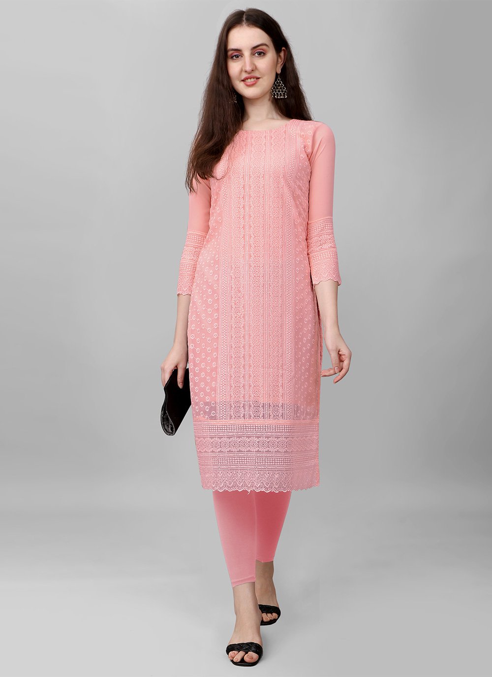 Faux Georgette Lucknowi work Pink Designer Kurti