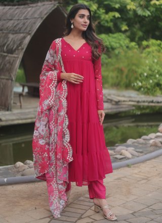 Faux Georgette Pant Style Suit In Pink