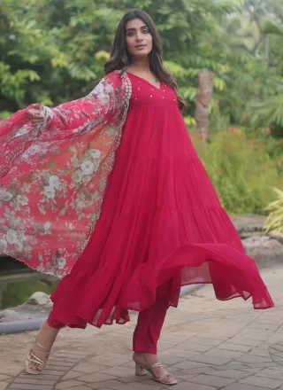 Faux Georgette Pant Style Suit In Pink