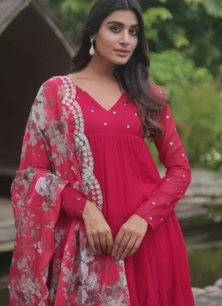 Faux Georgette Pant Style Suit In Pink