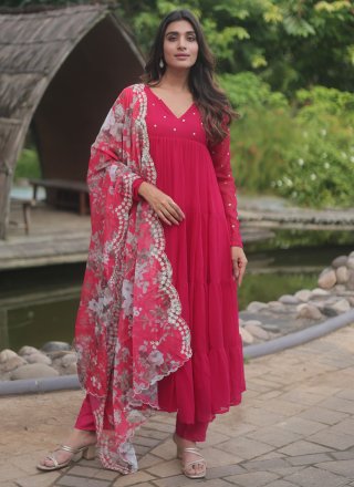 Faux Georgette Pant Style Suit In Pink