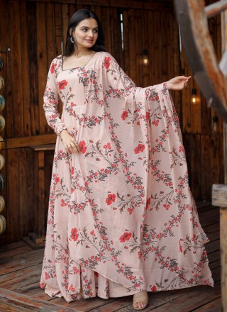 Faux Georgette Peach Digital Print Floor Length Gown