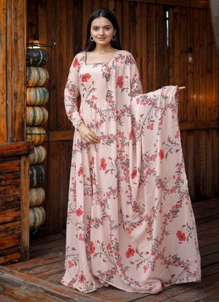 Faux Georgette Peach Digital Print Floor Length Gown