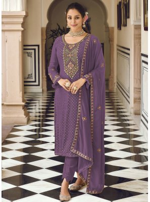 Faux Georgette Purple Embroidered Long Length Salwar Kameez
