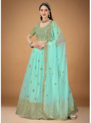 Faux Georgette Sea Green Designer Lehenga Choli