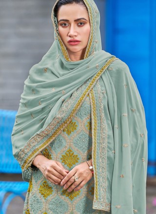 Faux Georgette Sea Green Embroidered Pant Style Suit