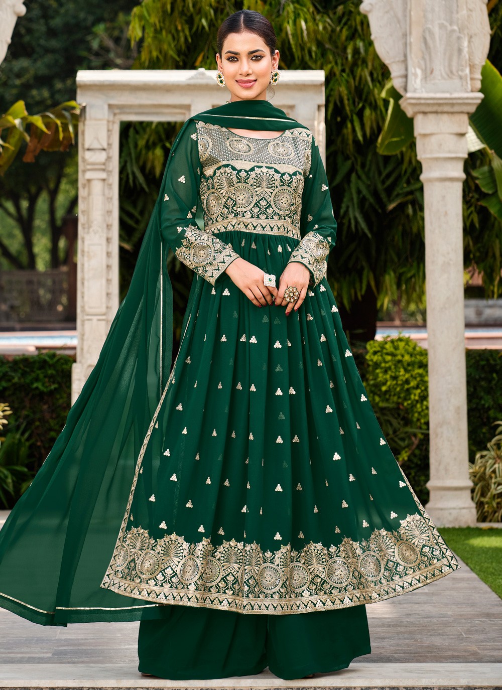 Faux Georgette Sequins Green Palazzo Salwar Suit