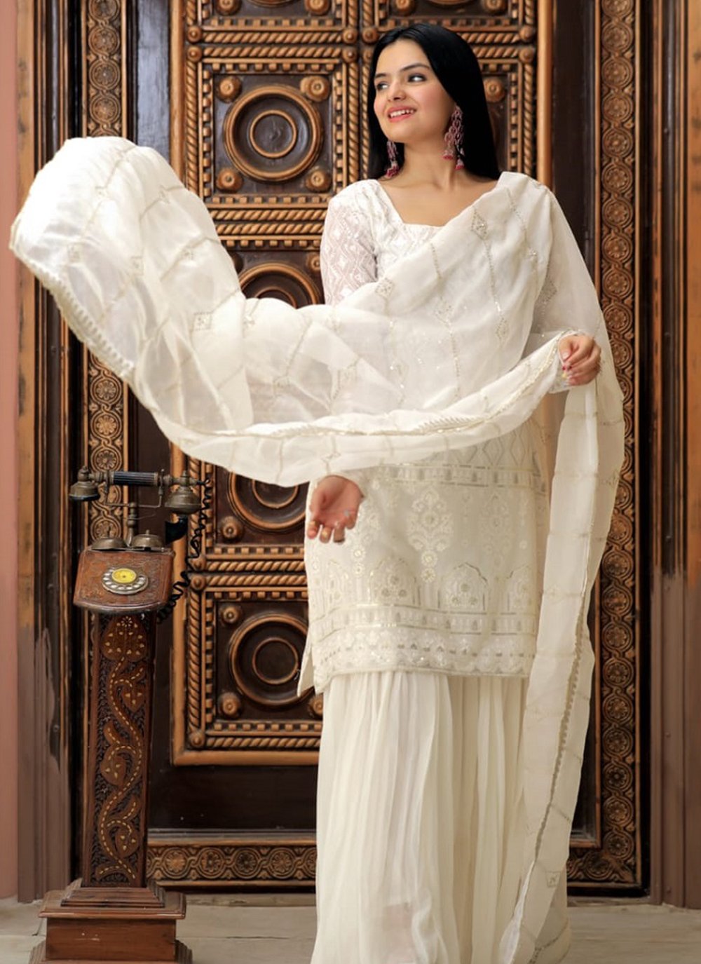 Buy Faux Georgette Thread Off White Palazzo Salwar Kameez Buy Faux Georgette Thread Off White Palazzo Salwar Kameez