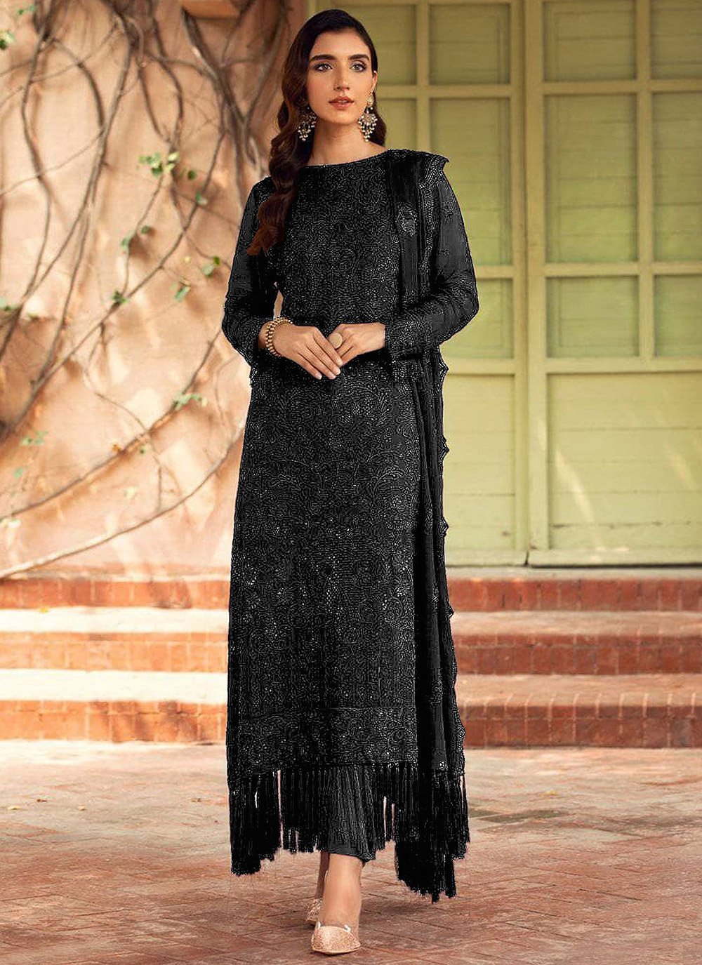 Faux Georgette Thread Work Designer Straight Salwar Kameez in Black