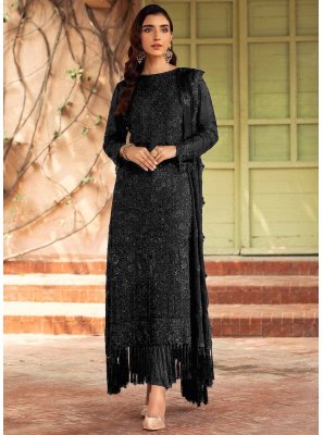 Faux Georgette Thread Work Designer Straight Salwar Kameez in Black