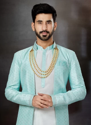 Firozi and Off White Embroidered Indo Western Sherwani
