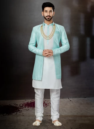 Firozi and Off White Embroidered Indo Western Sherwani