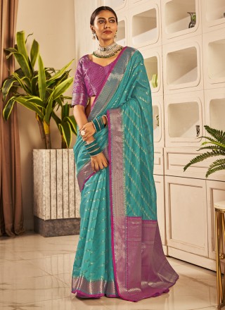 Banarasi Semi Chiffon Saree Zari Aada Weaving & Meena Border-Teal Blue –  Banarasikargha