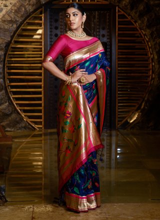Floral Blue Banarasi Silk Classic Sari with Woven Work
