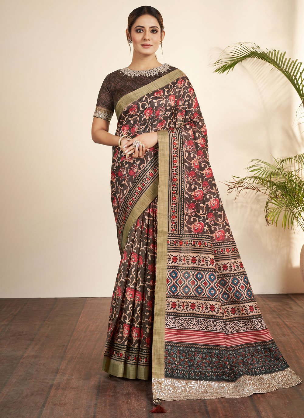 Floral Patch Work Bhagalpuri Silk Contemporary Sari In Multi Colour