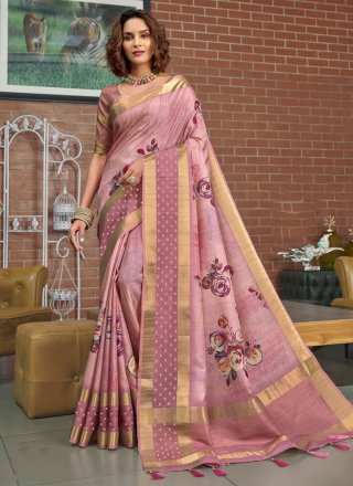 Floral Patch Work Silk Classic Saree In Pink