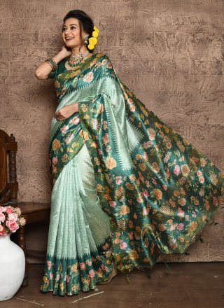 Floral Patch Work Silk Classic Sari In Green for Casual