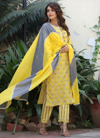 Floral Print Cotton Yellow Straight Salwar Suit