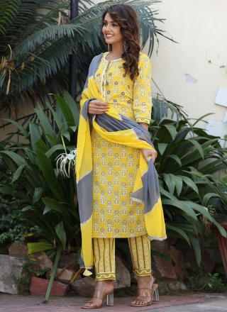 Floral Print Cotton Yellow Straight Salwar Suit