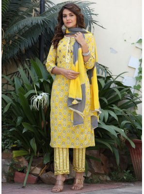 Floral Print Cotton Yellow Straight Salwar Suit