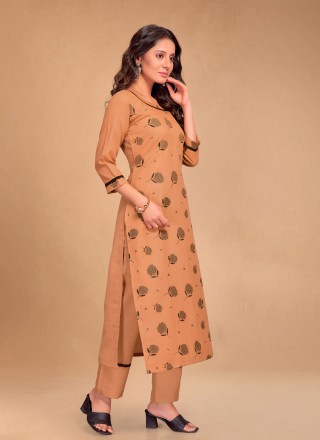 Foil Print Blended Cotton Orange Pant Style Suit
