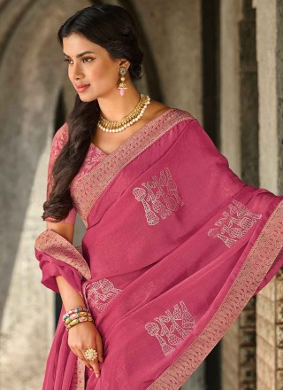 Foil Print Burgundy and Pink Chiffon Trendy Saree