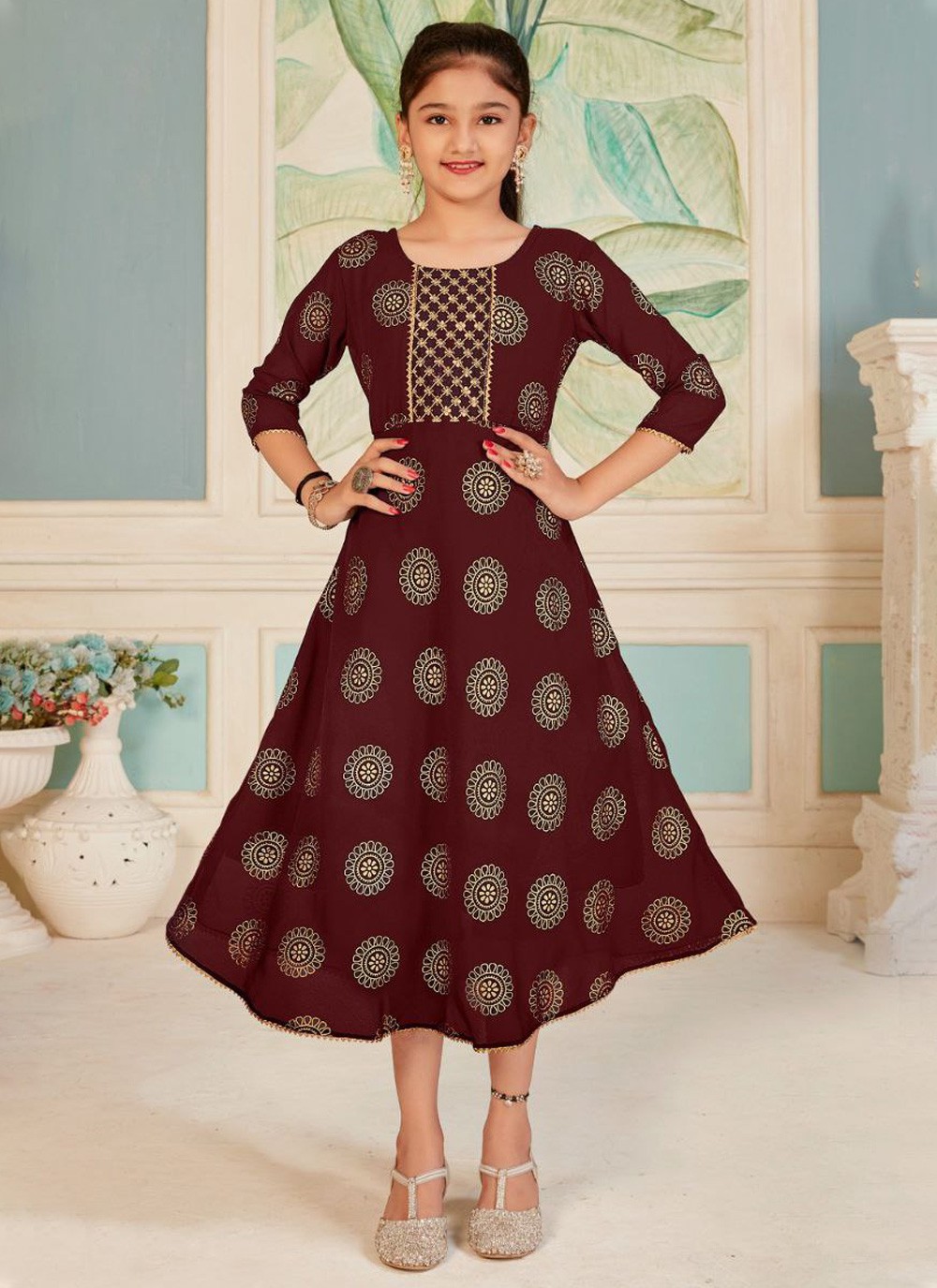 Foil Print Work Brown Pure Georgette Gown 