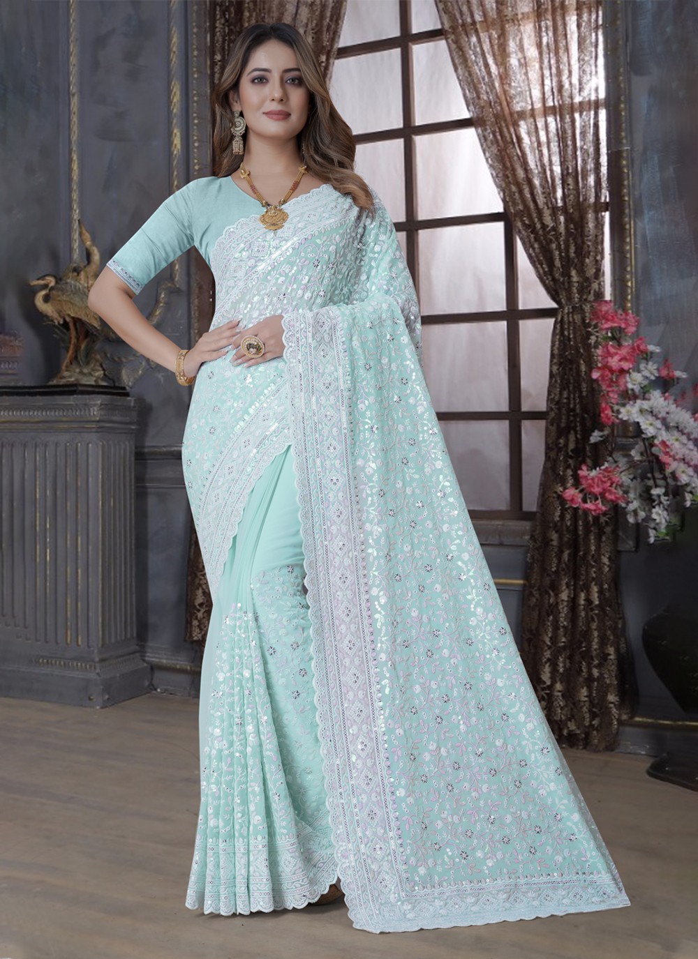 Exuberant Aqua Blue Resham Contemporary Style Saree