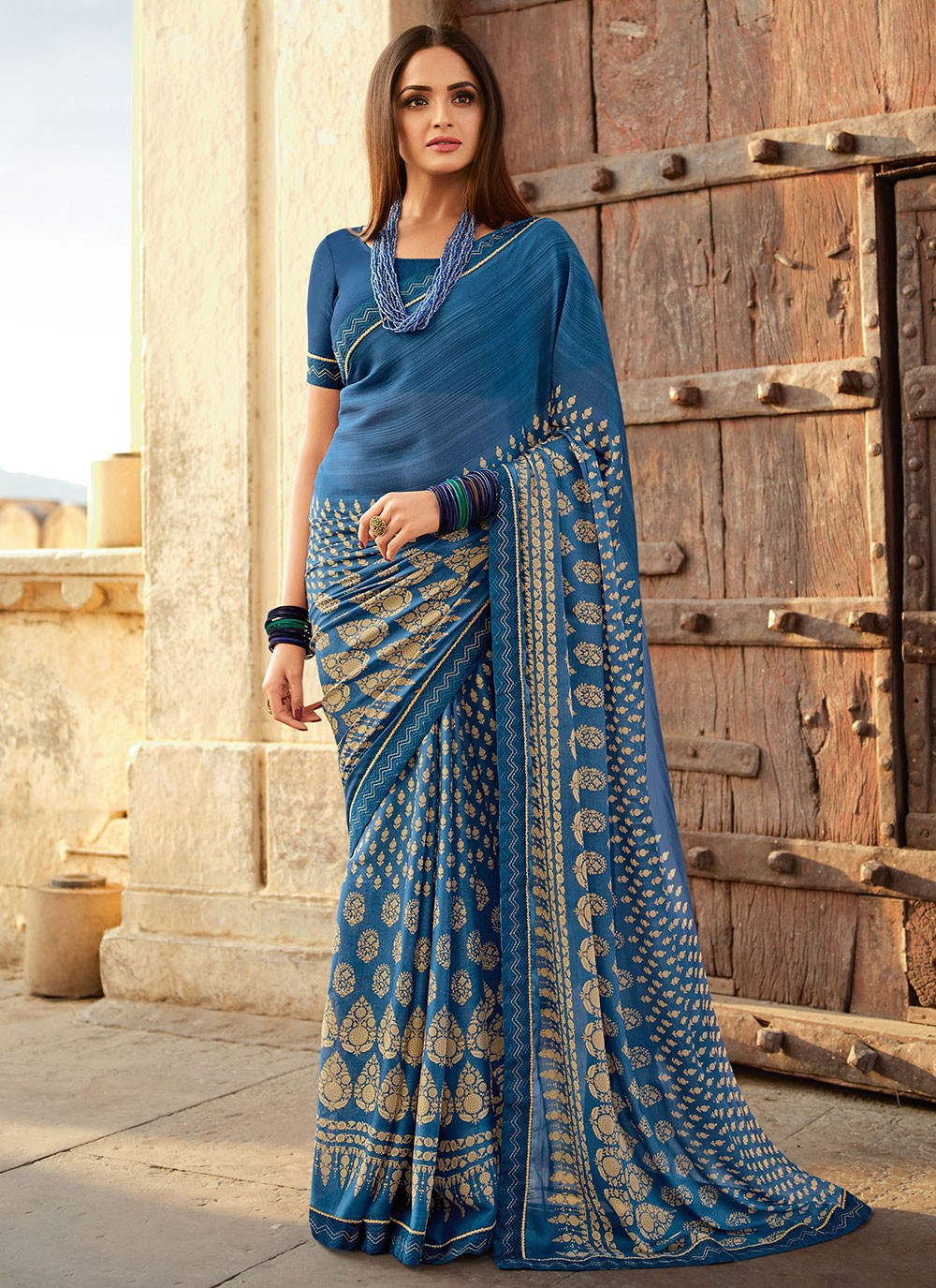 Aqua Blue Border Tussar Silk Trendy Saree