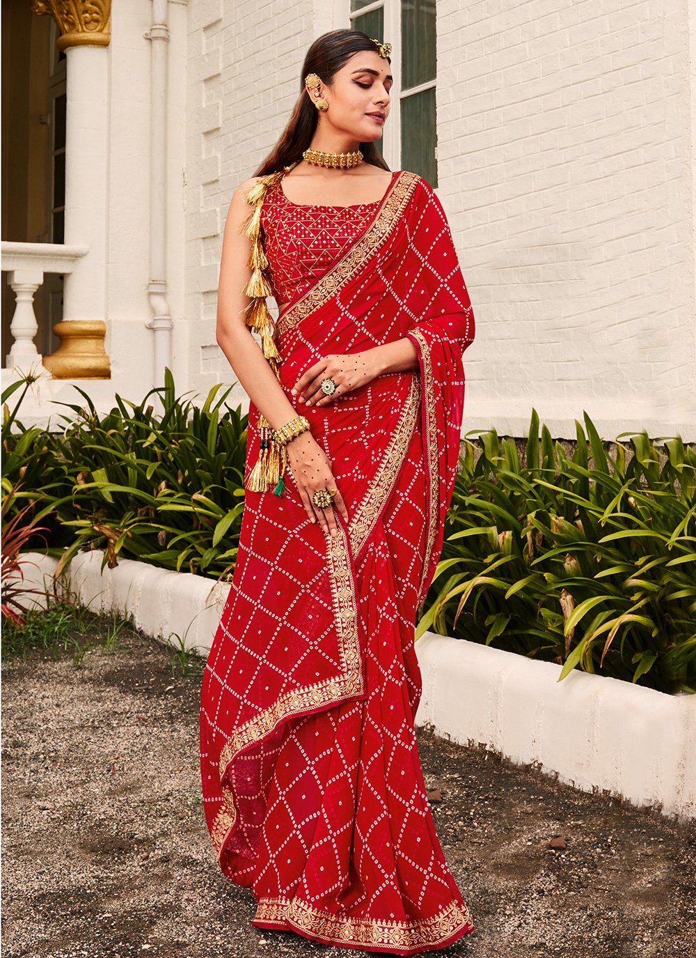 Banarasee Brasso Silk Patola Saree with Meena Border Design With Contr