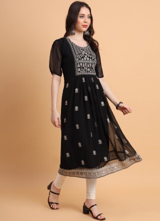 Georgette Black Embroidered Casual Kurti