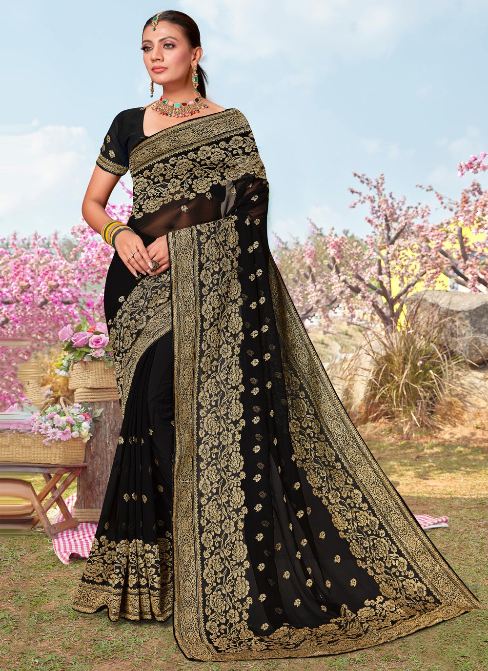 Green Sequins Work Georgette Party Wear Black Saree Design – tapee.in