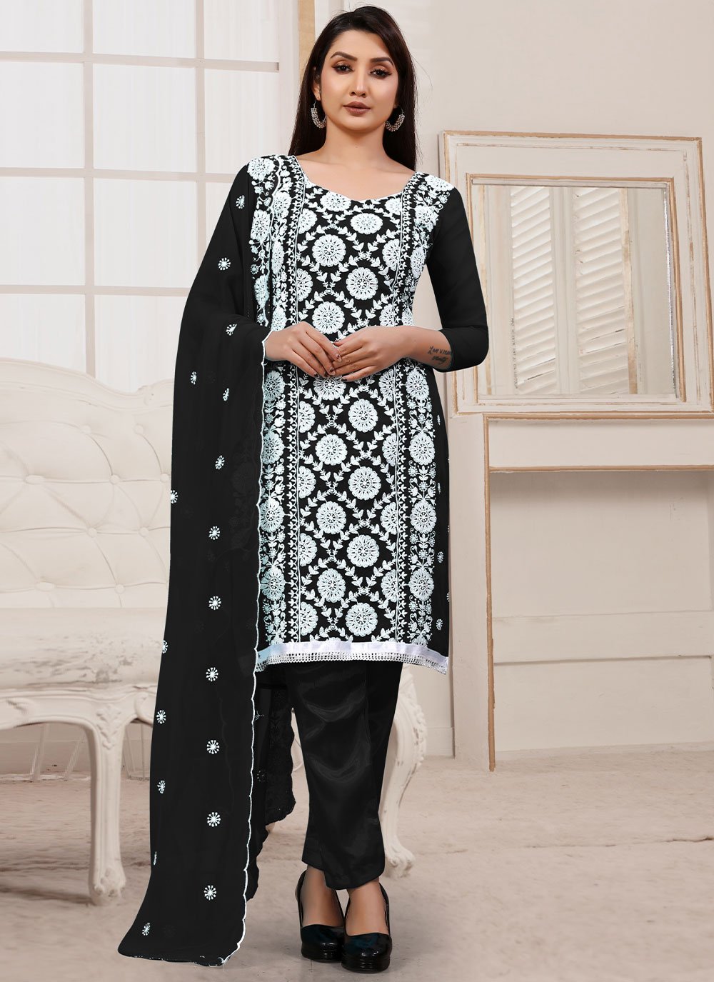 Shop Georgette Black Embroidered Trendy Salwar Kameez Online
