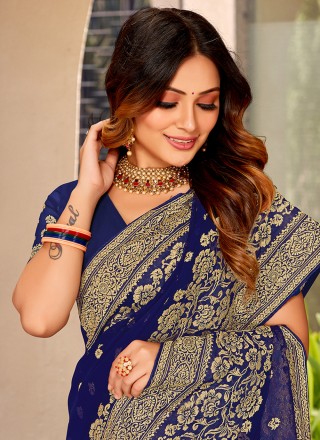Georgette Blue Embroidered Contemporary Saree