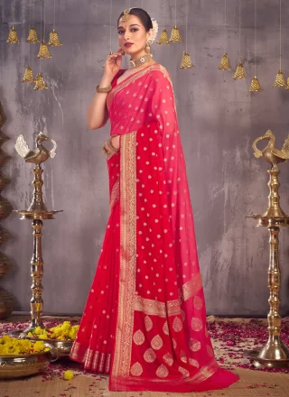 Georgette Classic Sari In Pink and Red