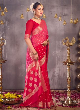 Georgette Classic Sari In Pink and Red