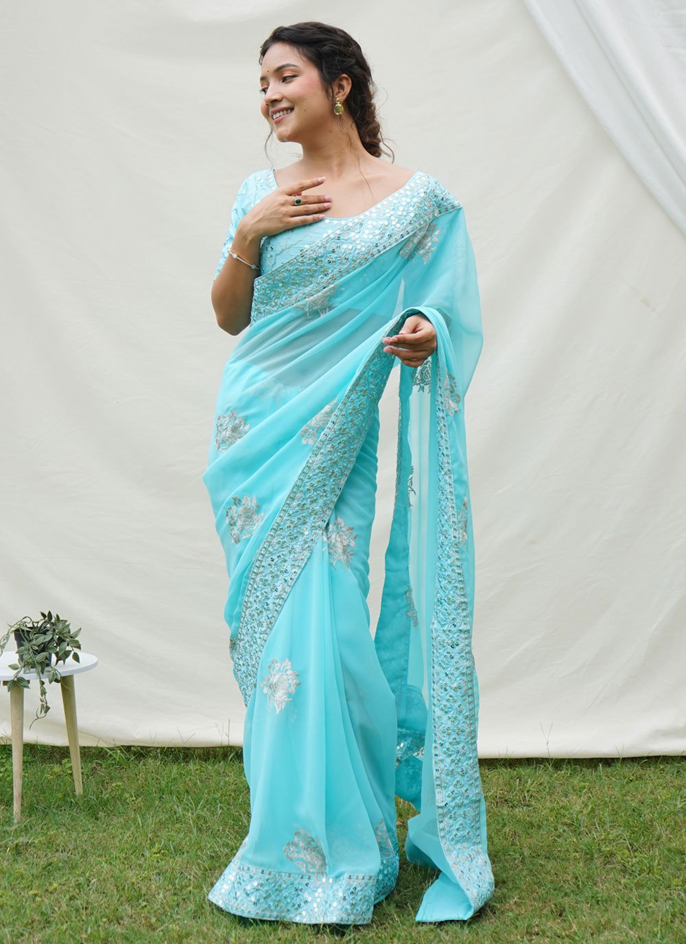 Chiffon Aqua Blue Classic Saree