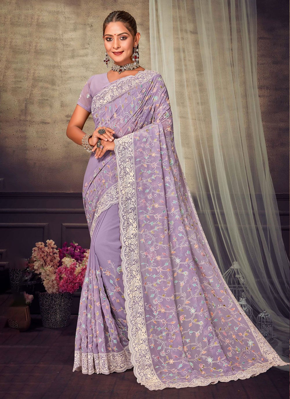 Georgette Contemporary Sari with Embroidered Work
