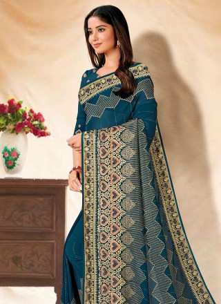 Georgette Contemporary Style Saree in Blue and Teal